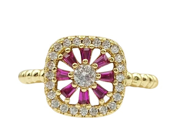 Ruby & CZ Square Beaded Adjustable Ring in Yellow Gold
