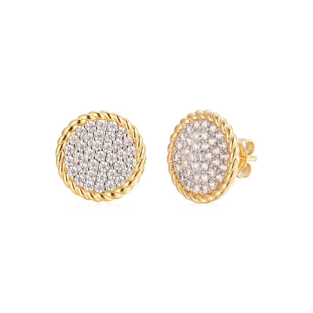 Polished Rope Border Pave Circle Studs in Yellow Gold