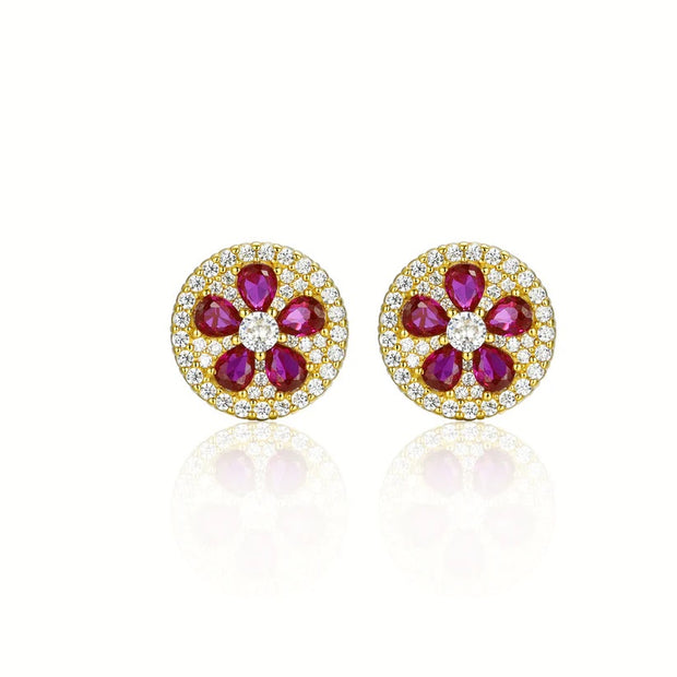 Ruby Flower in Pave Circle Stud in Yellow Gold