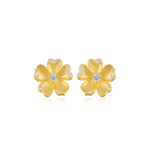 Matted Turned Edge Flower Stud Earring in Yellow Gold