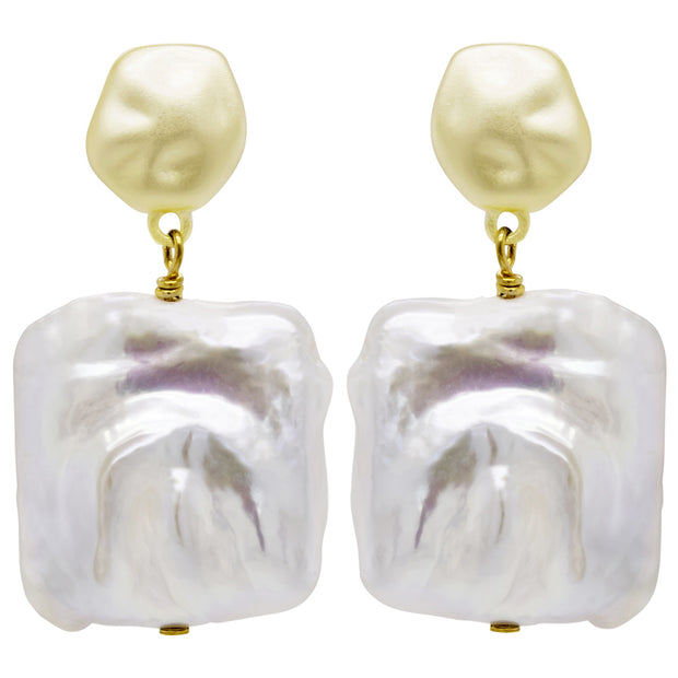 Square Freshwater Pearl on Hammered Round Post Earring