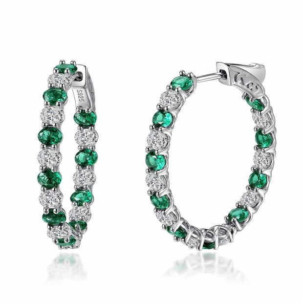 Emerald & CZ 31mm Oval Hoops in White Gold