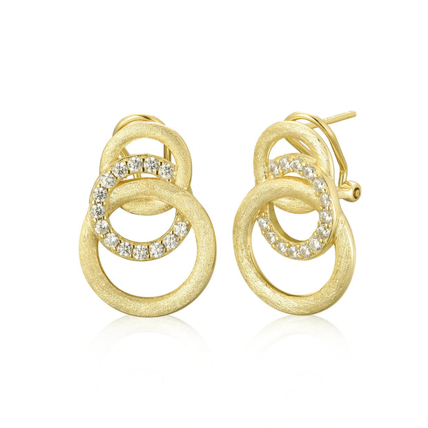 Linked Brushed & CZ Circles Earrings in Yellow Gold