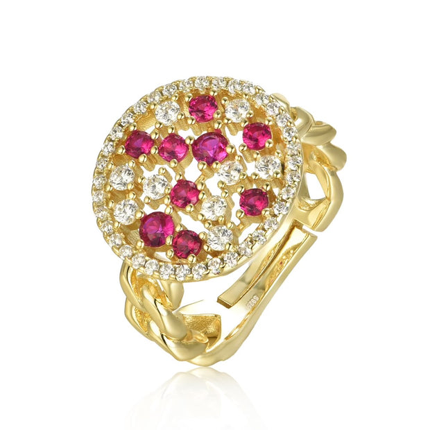 Round Scatter Ruby & CZ Circle Adjustable Ring in Yellow Gold