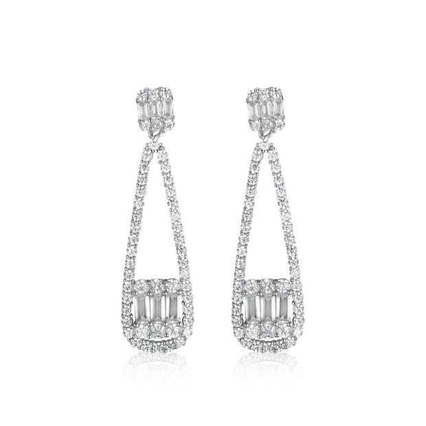 Rectangle Baguettes & CZ Drop Earrings in White Gold