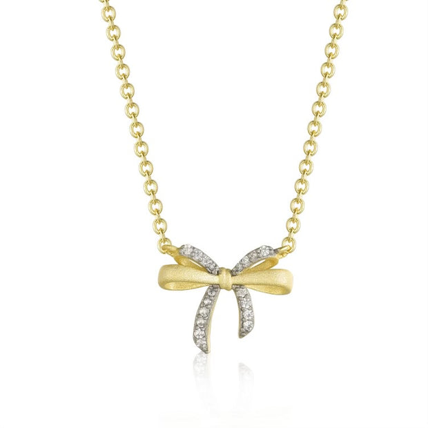 Brushed & CZ Two Tone Bow Necklace