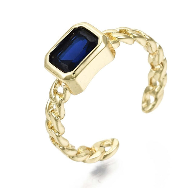 Cuban Link Sapphire Rectangle Adjustable Ring in Yellow Gold