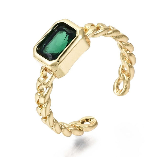 Cuban Link Emerald Rectangle Adjustable Ring in Yellow Gold