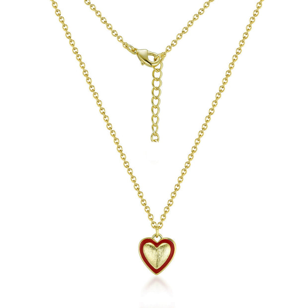 Brushed 10mm Heart Red Enamel Outline Pendant in Yellow Gold