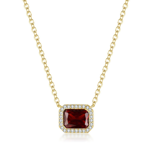 Rectangle Halo Solitaire Necklace in Garnet