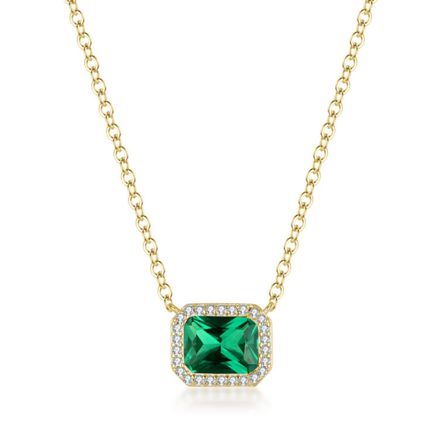 Rectangle Halo Solitaire Necklace in Emerald