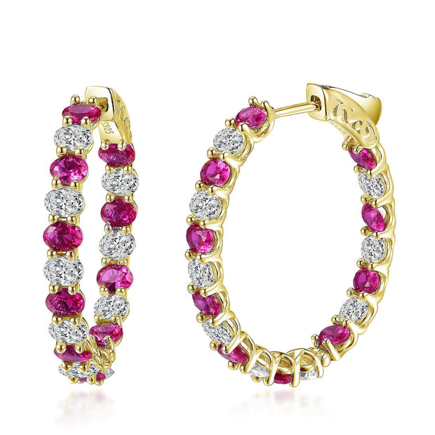 Ruby & CZ 31mm Oval Hoops in Yellow Gold