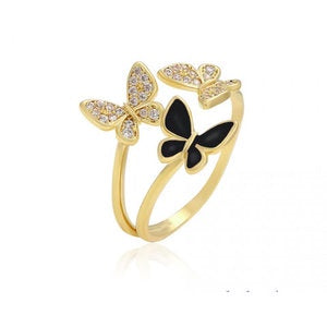 Black Enamel & CZ Pave Adjustable Butterfly Ring in Yellow Gold