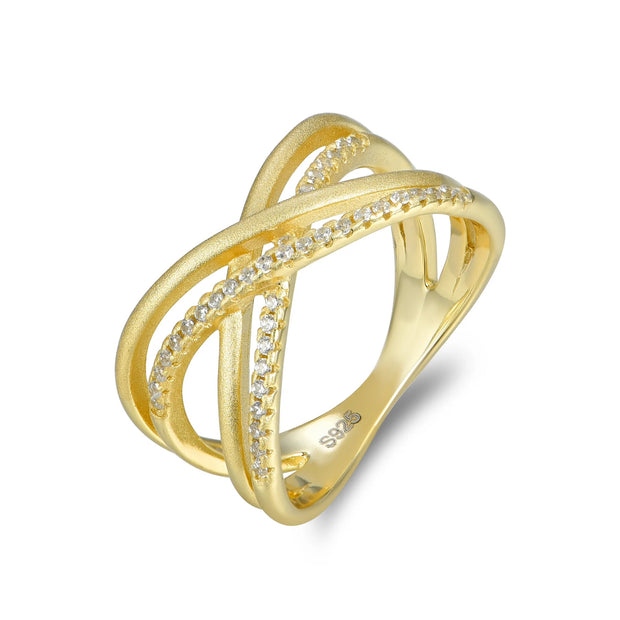 Brushed & CZ Crossover Ring in Yellow Gold