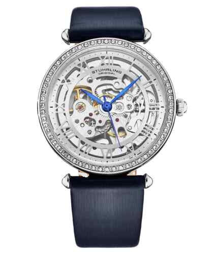 STUHRLING Automatic Silver Skeleton Blue Crystal Accents Navy Satin Watch