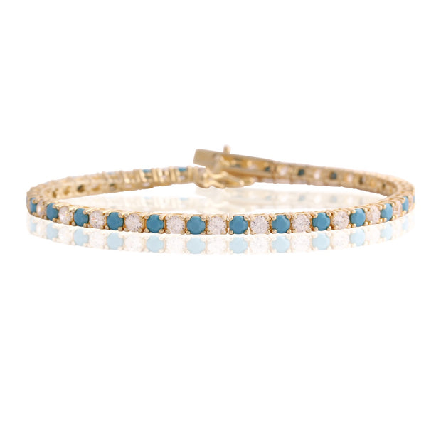 Turquoise & CZ 3mm Tennis Bracelet in Yellow Gold