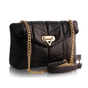 Black Leather Quilted Soft Crossbody with Gold Closure