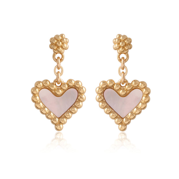 Mother of Pearl Gold Beaded Large Heart Beaded Ball Post Earring