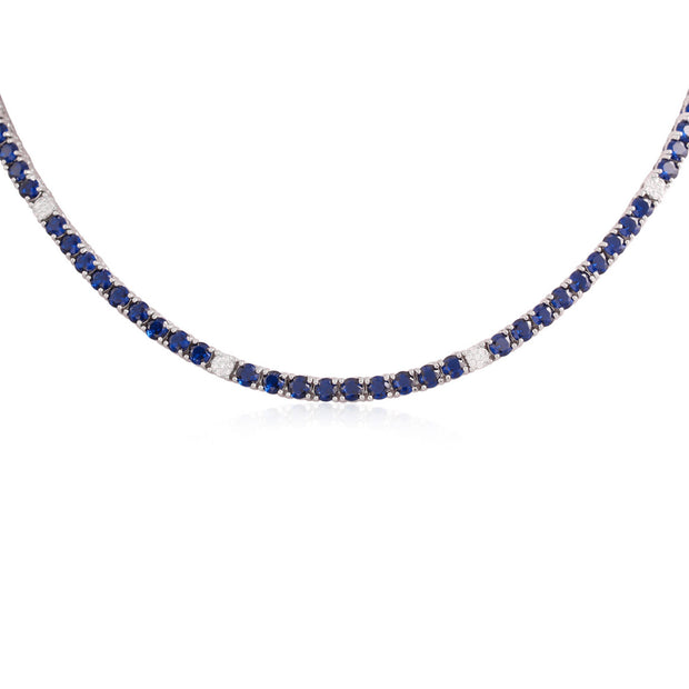 3mm Sapphire & CZ Pave Interval Tennis Necklace in White Gold