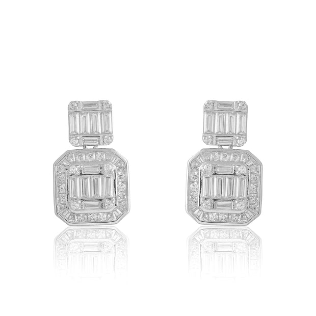 Double Square CZ & Baguette Earrings in White Gold