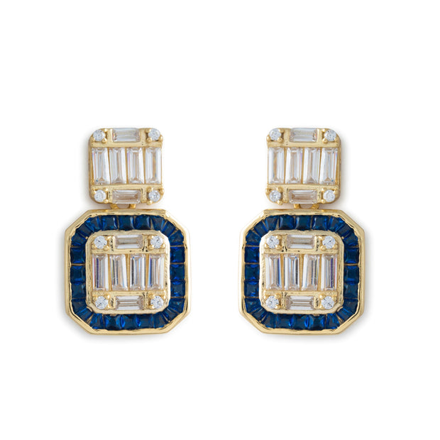 Double Square Sapphire & Baguette Earrings in Yellow Gold