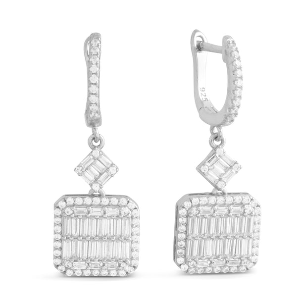 Square Baguette Drop Earrings in White Gold
