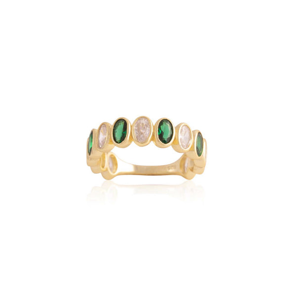 Emerald & CZ Oval Bezel Set Ring in Yellow Gold