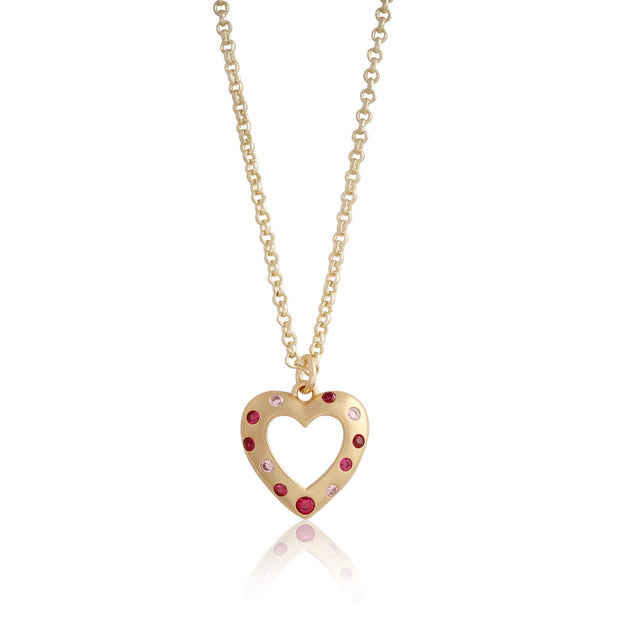 Scattered Ruby Open Heart Pendant in Yellow Gold