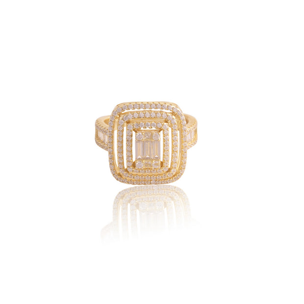 Baguette & CZ Rectangle Glamourous Ring in Yellow Gold