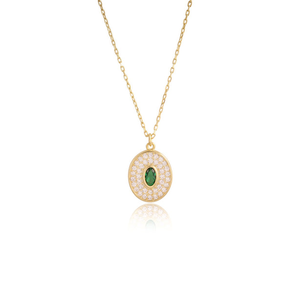 Pave Oval Emerald CZ Center Pendant in Yellow Gold