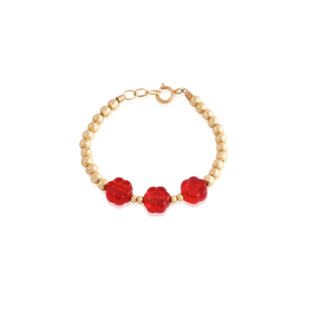 Triple Red Flower & Gold Beaded Bracelet