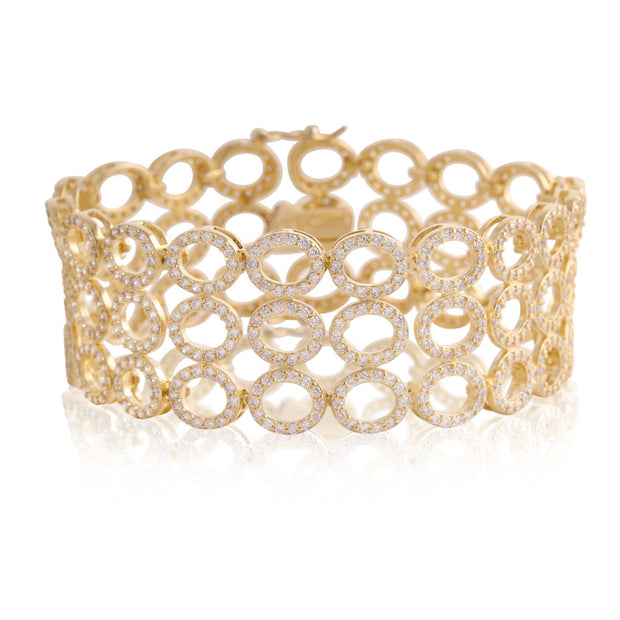 Triple Open CZ Pave Ovals Cuff Bracelet in Yellow Gold
