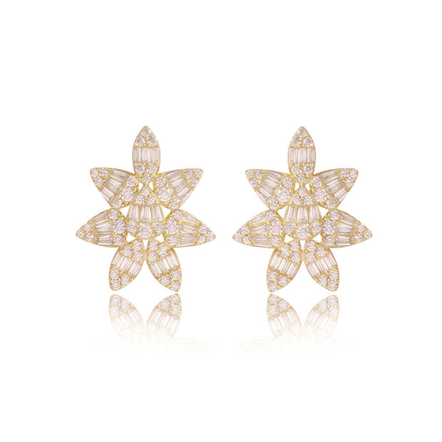 Baguette & CZ Floral Design Oversized Stud in Yellow Gold