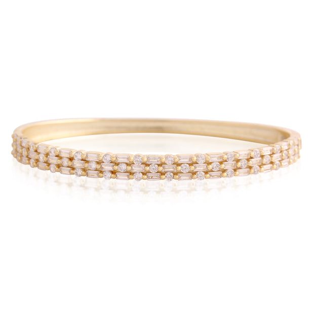 Baguette & CZ Linear Design Bangle in Yellow Gold