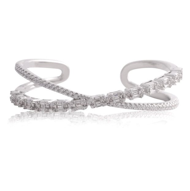 CZ & Baguette Crossed Bangle in White Gold