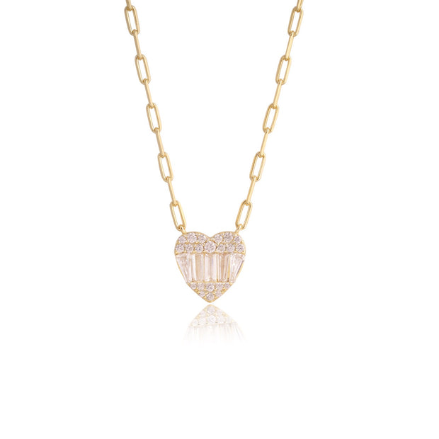 Baguette & CZ Tips Heart Paperclip Necklaces in Yellow Gold