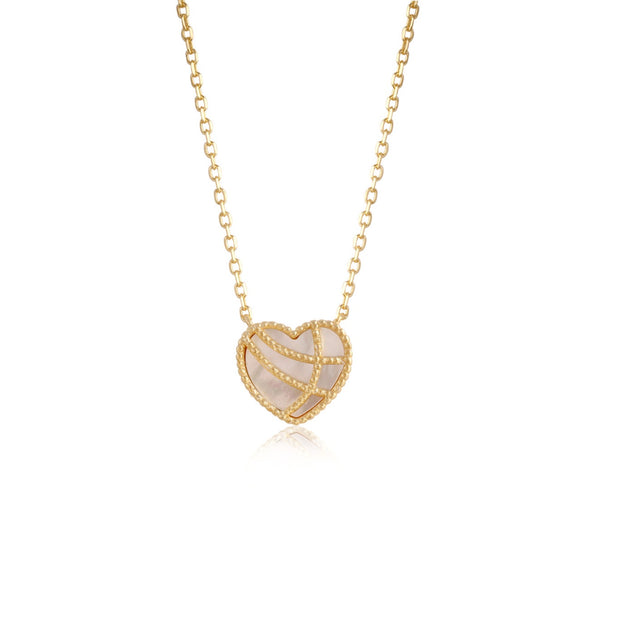 Mother of Pearl Heart with Ribbed Overlay Pendant in Yellow Gold