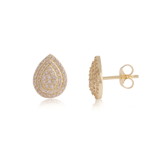 Double Halo Pave Embossed Teardrop Studs in Yellow Gold