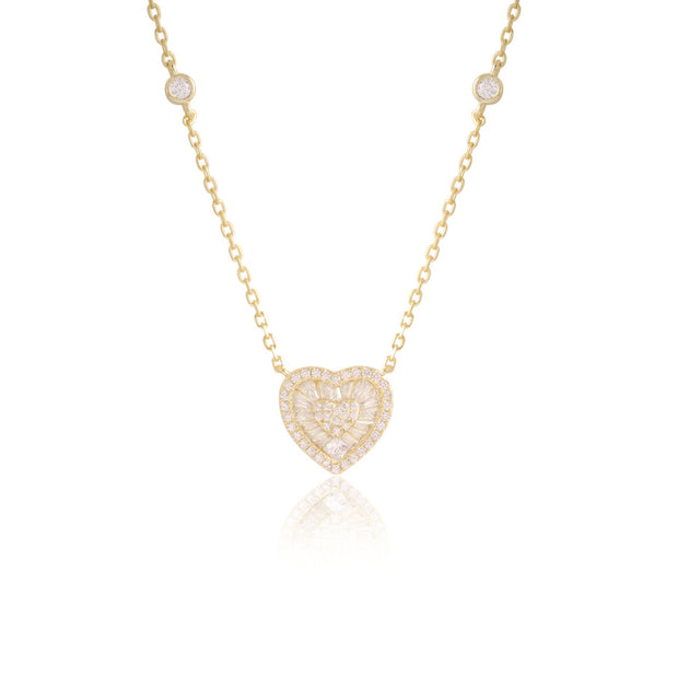 Baguette & CZ Heart on Diamond by the Yard Chain Necklace in Yellow Gold