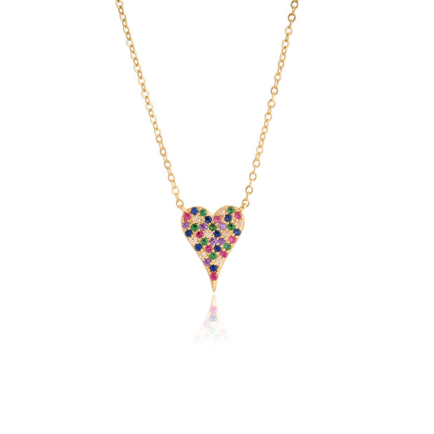 Rainbow Pave Pointed Heart Pendant in Yellow Gold