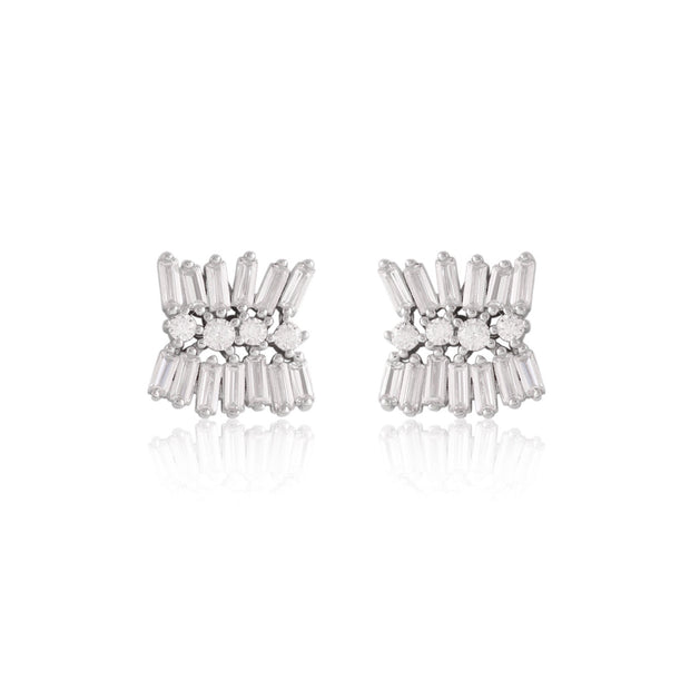 Baguette CZ Middle Line Square Studs in White Gold