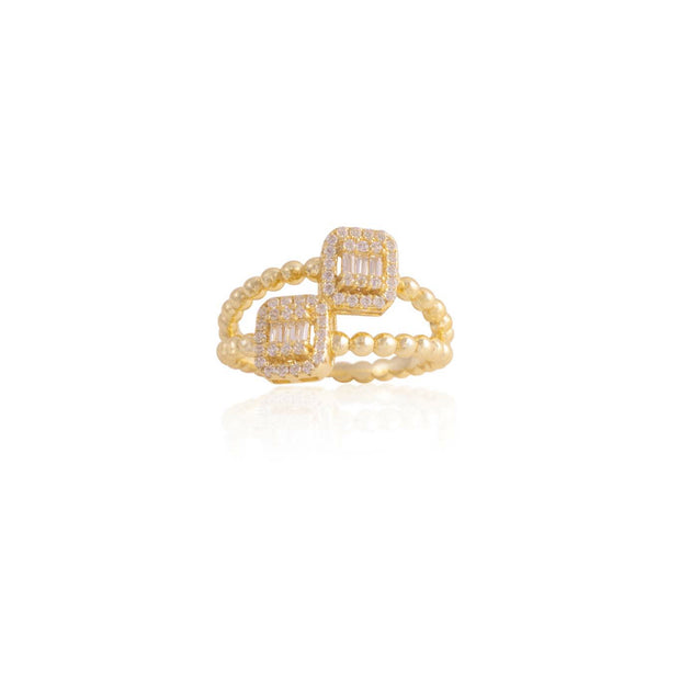 Baguette CZ Squares Double Bubble Band Ring in Yellow Gold