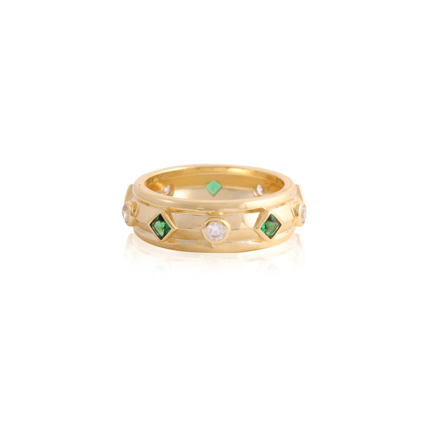 Beveled Polished Thick Emerald & CZ Set Stones Ring in Yellow Gold