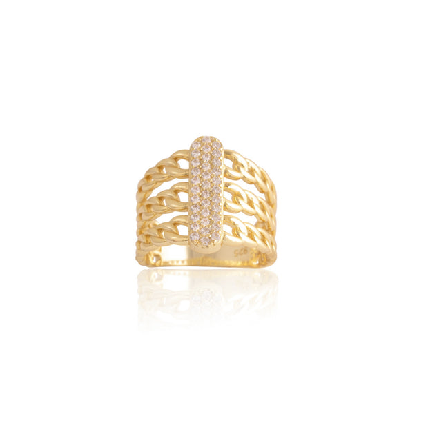 CZ Pave Bar Triple Cuban Link Ring in Yellow Gold