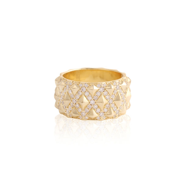 Nail Head & CZ Design CZ Thick Ring in Yellow Gold