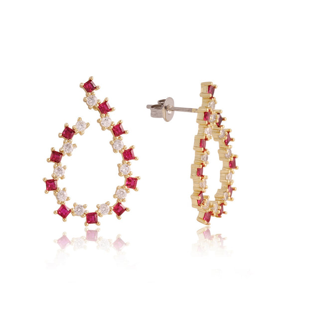 Zig Zag Gold Square CZ J Earring in Red