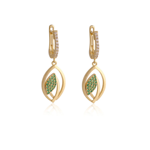 Matte & Emerald CZ Interlinked Marquis CZ Latch Earring in Yellow Gold