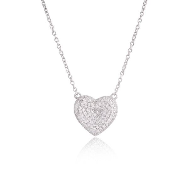Small Inverted Puffed CZ Pave Heart Pendant in White Gold