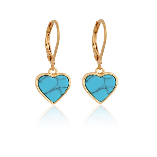 Bezel Bright Blue Heart Lever Earrings in Yellow Gold