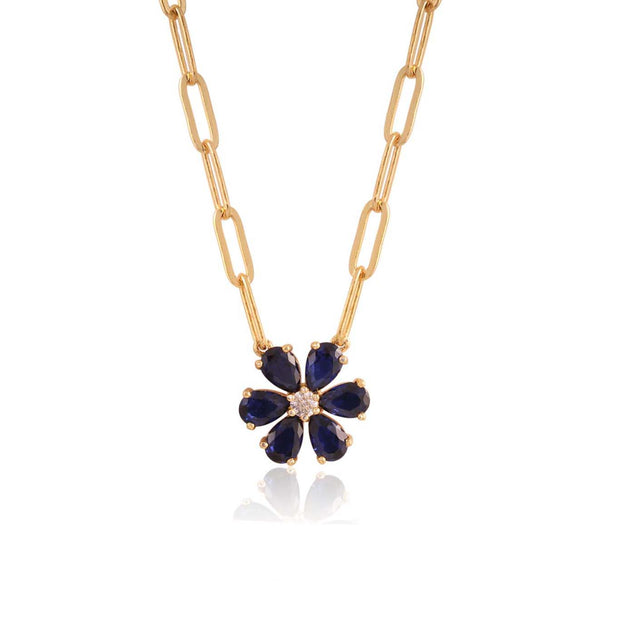 Large Blue Studded Flower on Paperclip Necklace